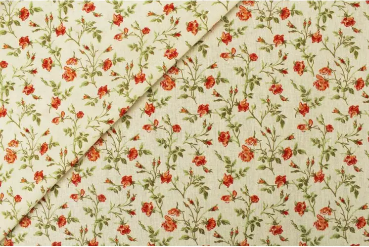 TISSU COTON PETITES FLEURS ROMANTQUE CORAIL/IVOIRE