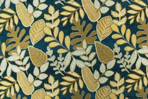 TISSU JACQUARD FEUILLAGES BLEU